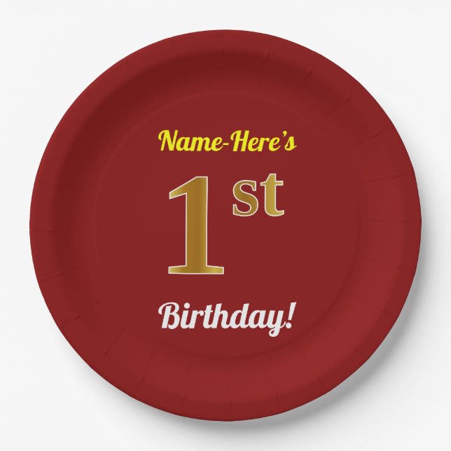 Red, Faux Gold 1st Birthday + Custom Name Paper Plate (Front)