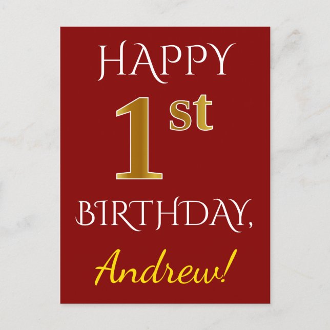Red, Faux Gold 1st Birthday + Custom Name Postcard (Front)