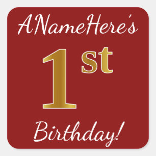 Red, Faux Gold 1st Birthday + Custom Name Sticker