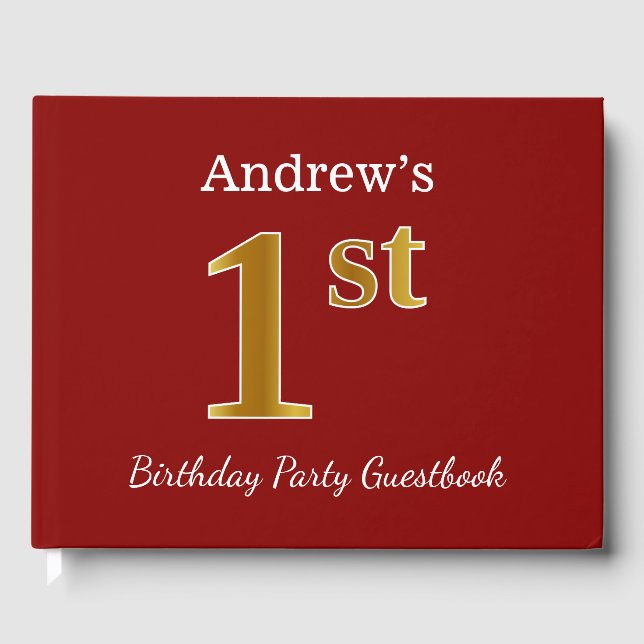 Red, Faux Gold 1st Birthday Party + Custom Name Guest Book (Front)