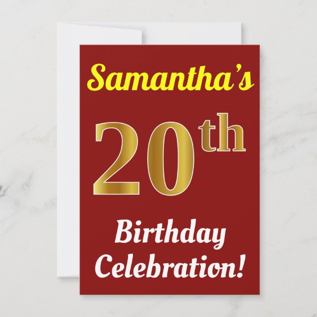 Red, Faux Gold 20th Birthday Celebration + Name Invitation (Front)