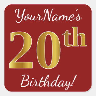 Red, Faux Gold 20th Birthday + Custom Name Sticker