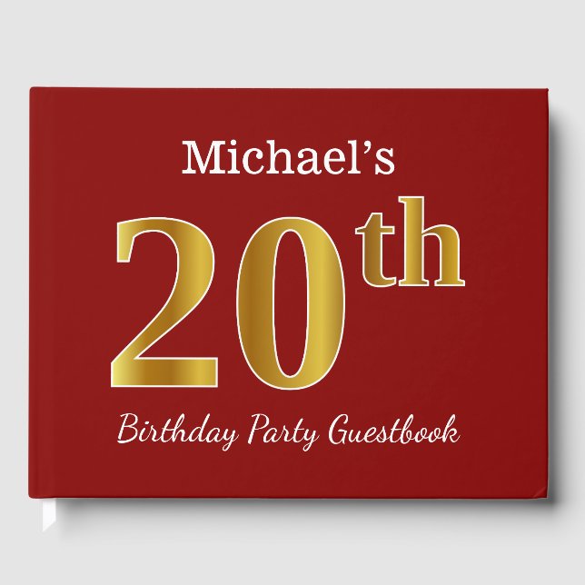 Red, Faux Gold 20th Birthday Party + Custom Name Guest Book (Front)