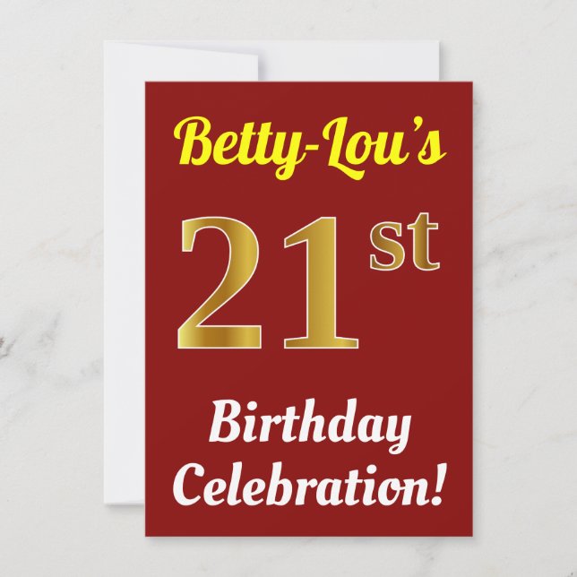 Red, Faux Gold 21st Birthday Celebration + Name Invitation (Front)