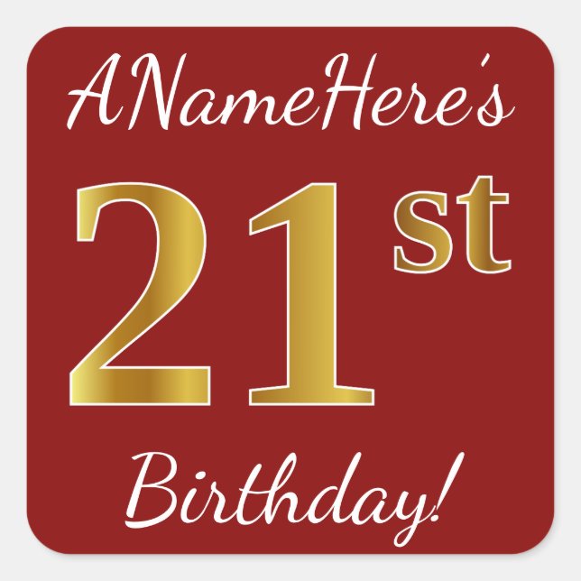 Red, Faux Gold 21st Birthday + Custom Name Sticker (Front)