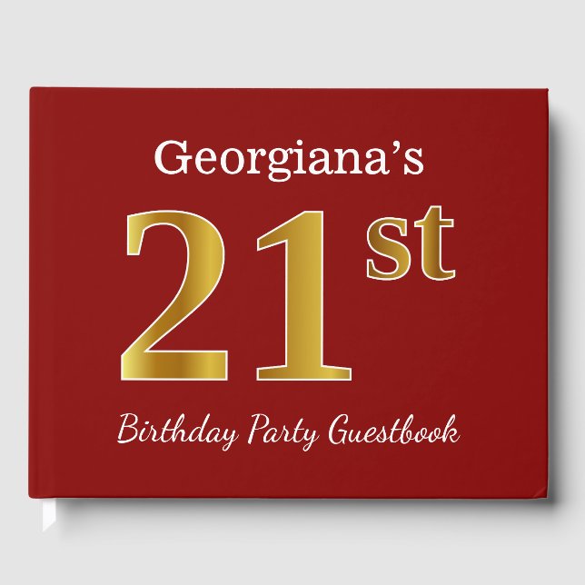 Red, Faux Gold 21st Birthday Party + Custom Name Guest Book (Front)