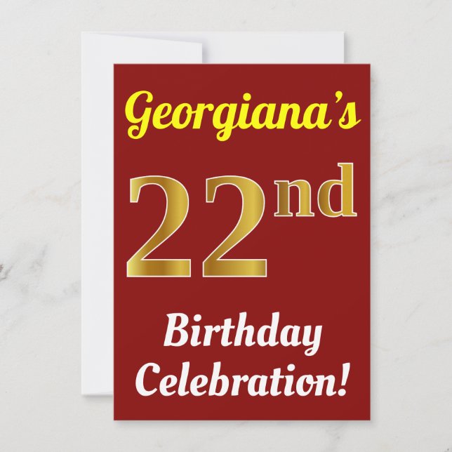 Red, Faux Gold 22nd Birthday Celebration + Name Invitation (Front)