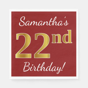 Red, Faux Gold 22nd Birthday + Custom Name Napkin