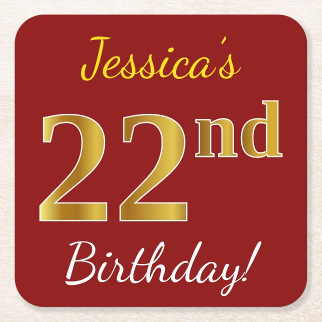 Red, Faux Gold 22nd Birthday + Custom Name Square Paper Coaster (Front)