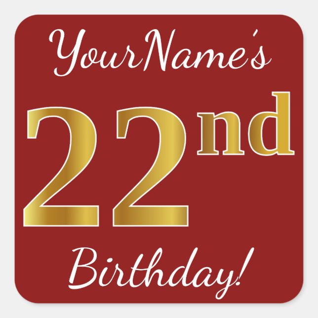 Red, Faux Gold 22nd Birthday + Custom Name Sticker (Front)