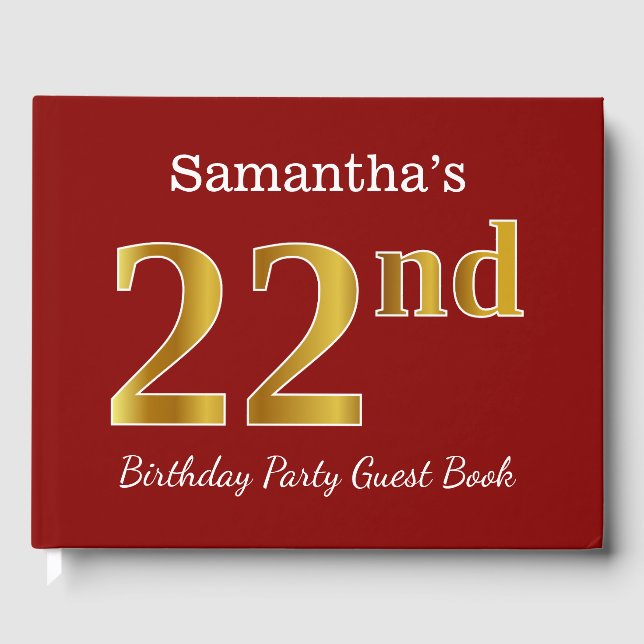 Red, Faux Gold 22nd Birthday Party + Custom Name Guest Book (Front)