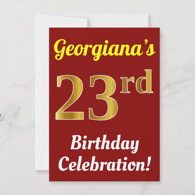 Red, Faux Gold 23rd Birthday Celebration + Name Invitation (Front)