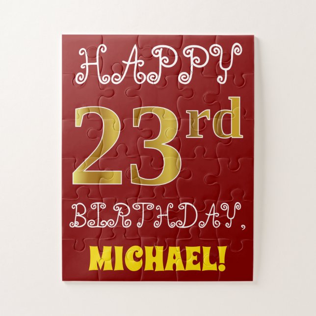 Red, Faux Gold 23rd Birthday + Custom Name Puzzle (Vertical)