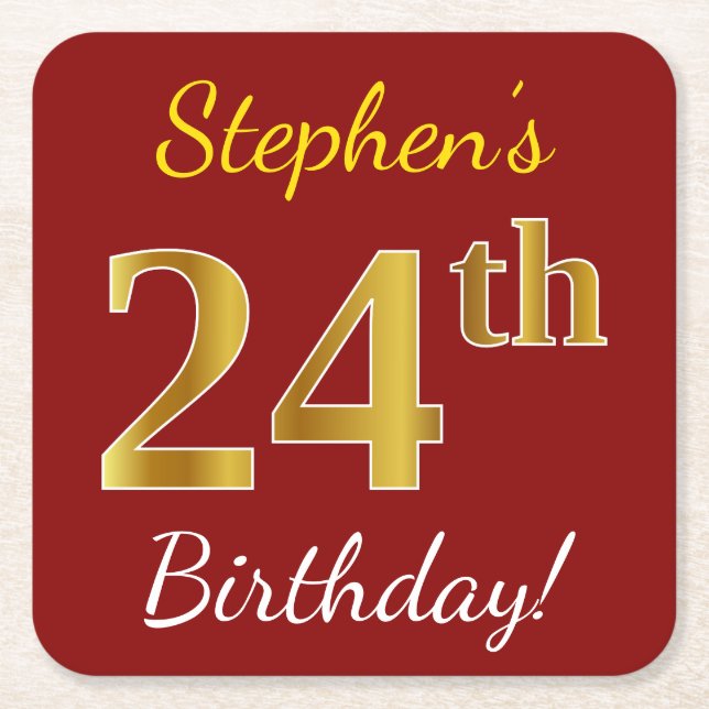 Red, Faux Gold 24th Birthday + Custom Name Square Paper Coaster (Front)
