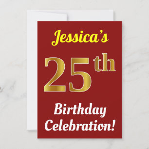 Red, Faux Gold 25th Birthday Celebration + Name Invitation