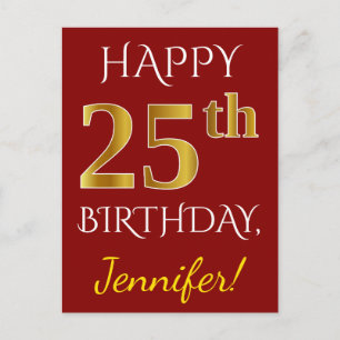 Red, Faux Gold 25th Birthday + Custom Name Postcard