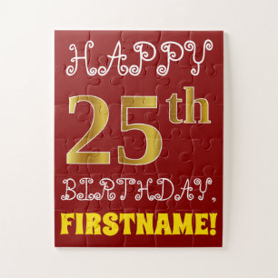 Red, Faux Gold 25th Birthday + Custom Name Puzzle