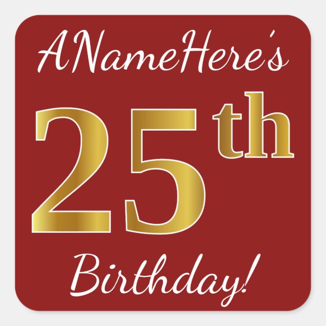 Red, Faux Gold 25th Birthday + Custom Name Sticker (Front)