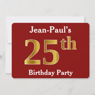 Red, Faux Gold 25th Birthday Party + Custom Name Invitation