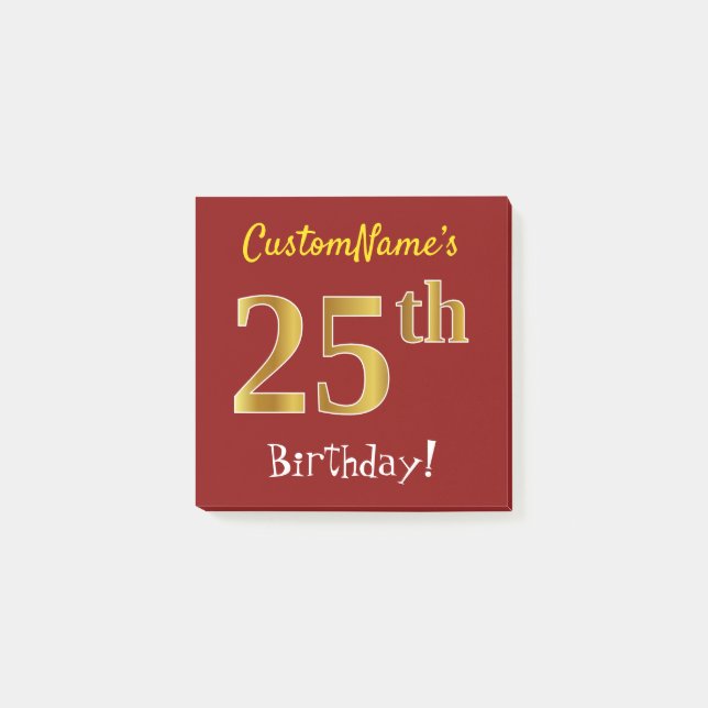 Red, Faux Gold 25th Birthday, With Custom Name Post-it Notes (Front)