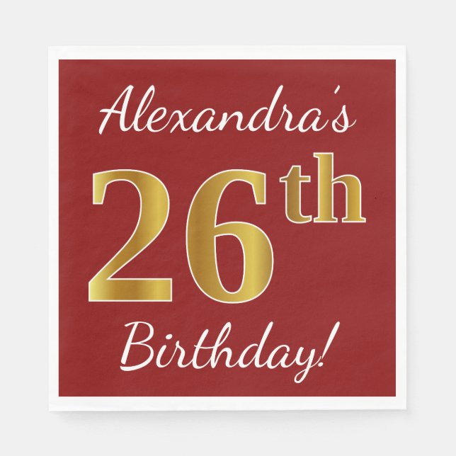 Red, Faux Gold 26th Birthday + Custom Name Napkin (Front)