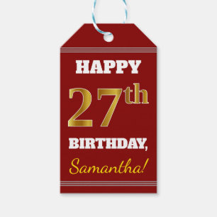 Red, Faux Gold 27th Birthday + Custom Name Gift Tags