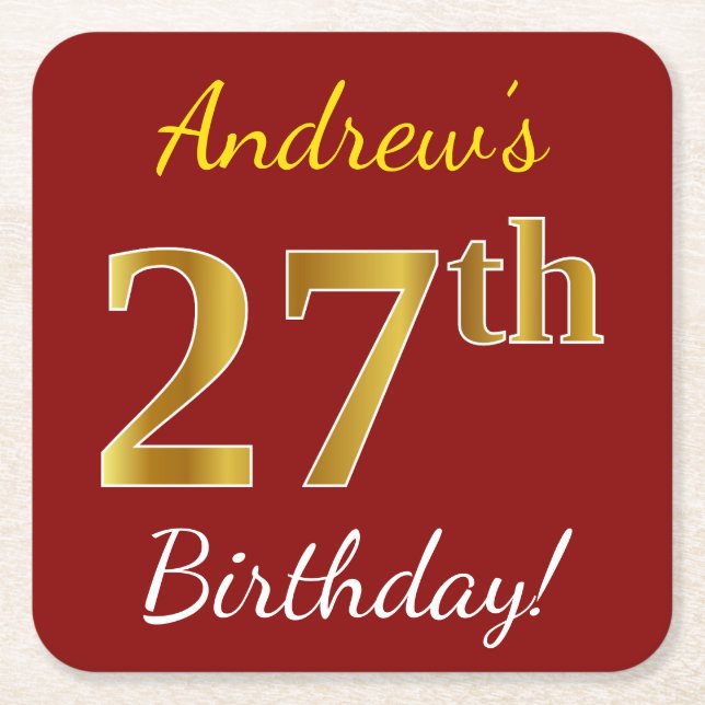 Red, Faux Gold 27th Birthday + Custom Name Square Paper Coaster (Front)
