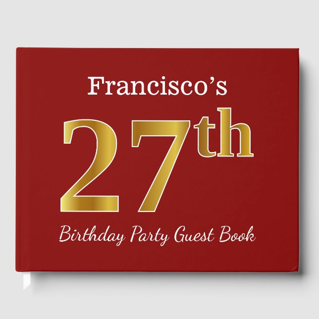Red, Faux Gold 27th Birthday Party + Custom Name Guest Book (Front)