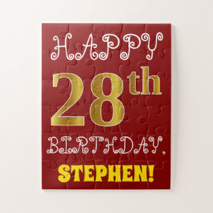 Red, Faux Gold 28th Birthday + Custom Name Puzzle