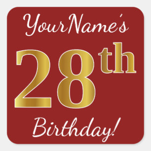 Red, Faux Gold 28th Birthday + Custom Name Sticker