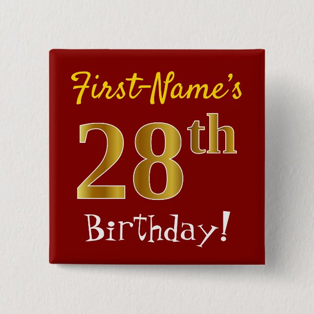 Red, Faux Gold 28th Birthday, With Custom Name 15 Cm Square Badge (Front)