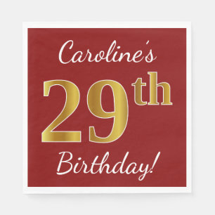 Red, Faux Gold 29th Birthday + Custom Name Napkin