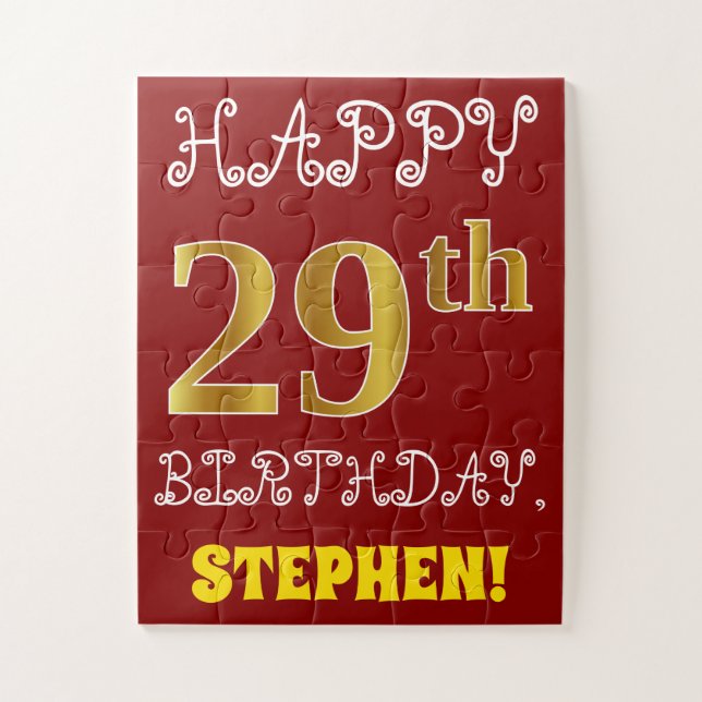 Red, Faux Gold 29th Birthday + Custom Name Puzzle (Vertical)