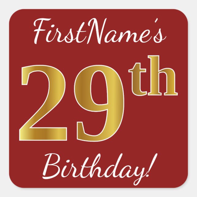 Red, Faux Gold 29th Birthday + Custom Name Sticker (Front)