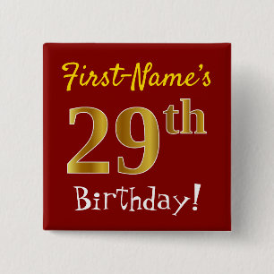 Red, Faux Gold 29th Birthday, With Custom Name 15 Cm Square Badge
