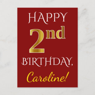 Red, Faux Gold 2nd Birthday + Custom Name Postcard
