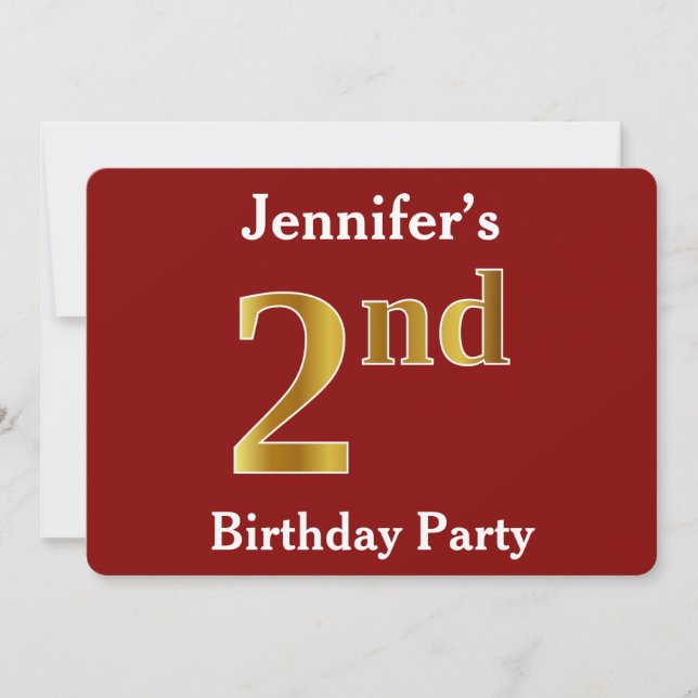 Red, Faux Gold 2nd Birthday Party + Custom Name Invitation (Front)