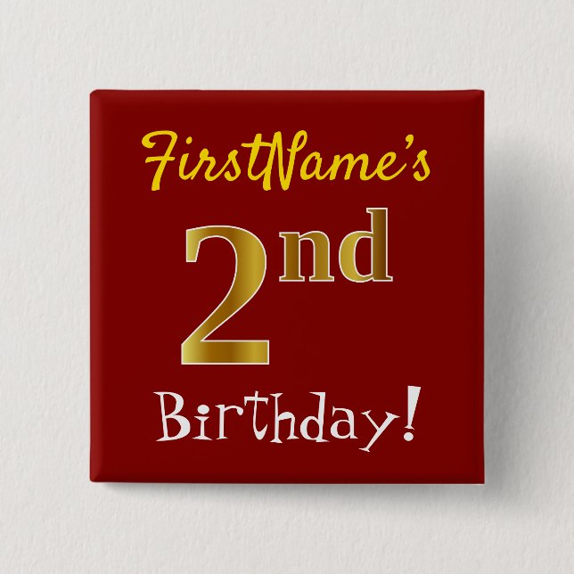 Red, Faux Gold 2nd Birthday, With Custom Name 15 Cm Square Badge (Front)