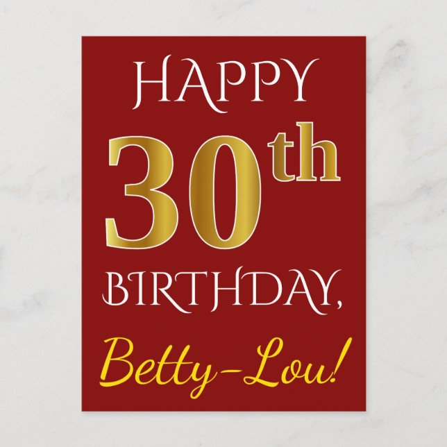 Red, Faux Gold 30th Birthday + Custom Name Postcard (Front)