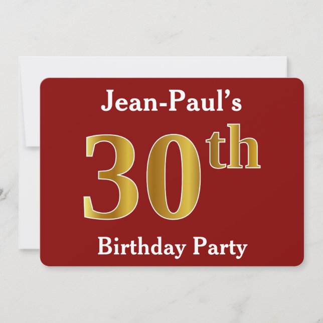 Red, Faux Gold 30th Birthday Party + Custom Name Invitation (Front)