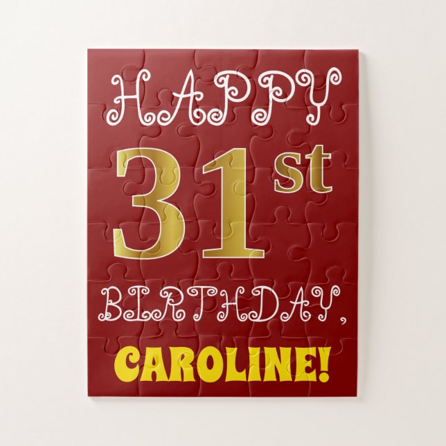 Red, Faux Gold 31st Birthday + Custom Name Puzzle (Vertical)