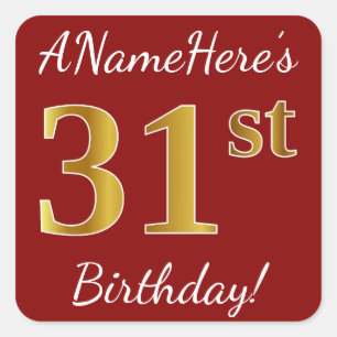Red, Faux Gold 31st Birthday + Custom Name Sticker