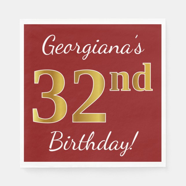 Red, Faux Gold 32nd Birthday + Custom Name Napkin (Front)