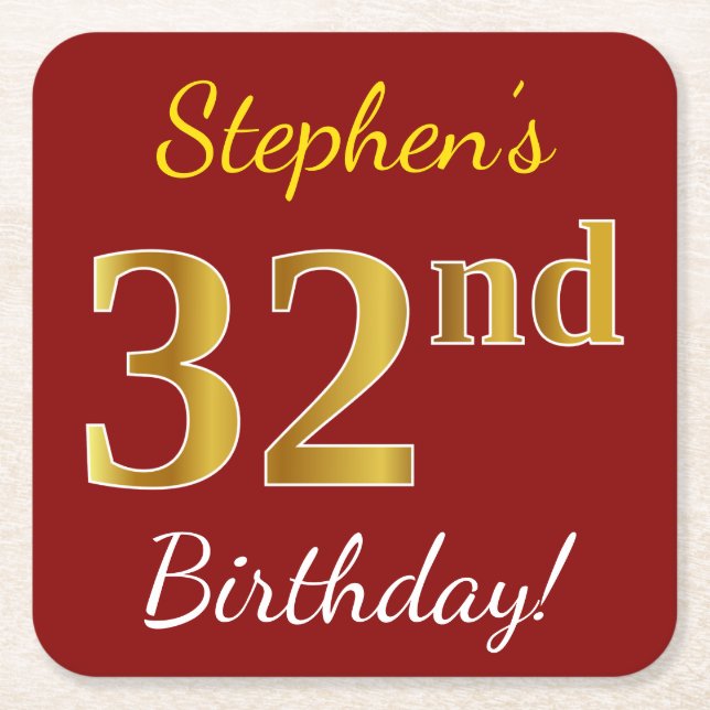 Red, Faux Gold 32nd Birthday + Custom Name Square Paper Coaster (Front)