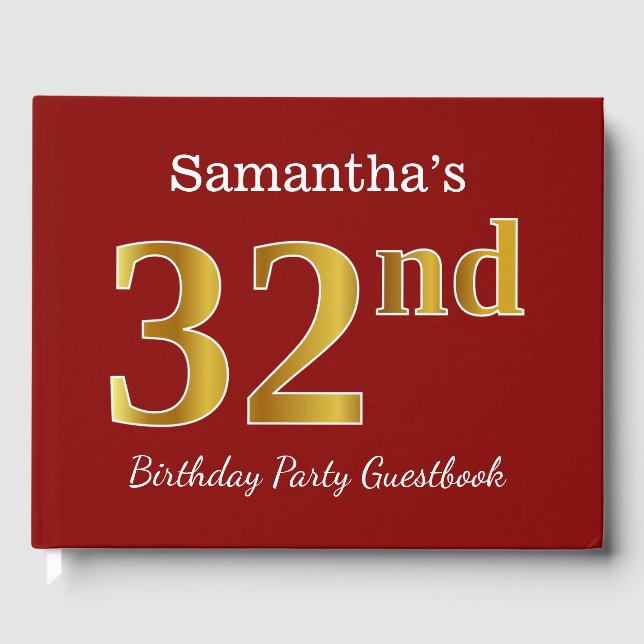Red, Faux Gold 32nd Birthday Party + Custom Name Guest Book (Front)