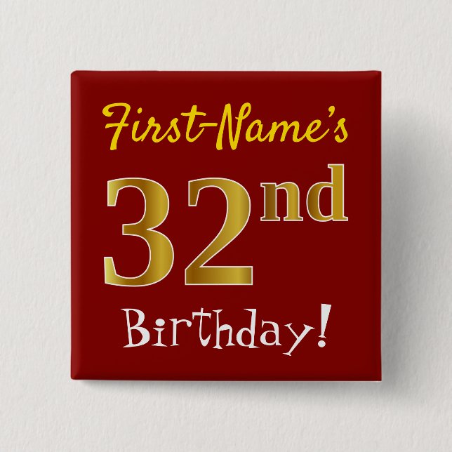 Red, Faux Gold 32nd Birthday, With Custom Name 15 Cm Square Badge (Front)