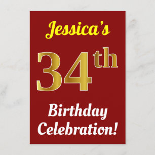 Red, Faux Gold 34th Birthday Celebration + Name Invitation