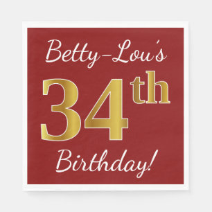 Red, Faux Gold 34th Birthday + Custom Name Napkin