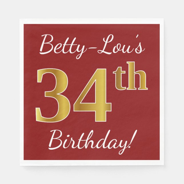 Red, Faux Gold 34th Birthday + Custom Name Napkin (Front)