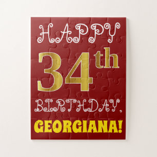 Red, Faux Gold 34th Birthday + Custom Name Puzzle